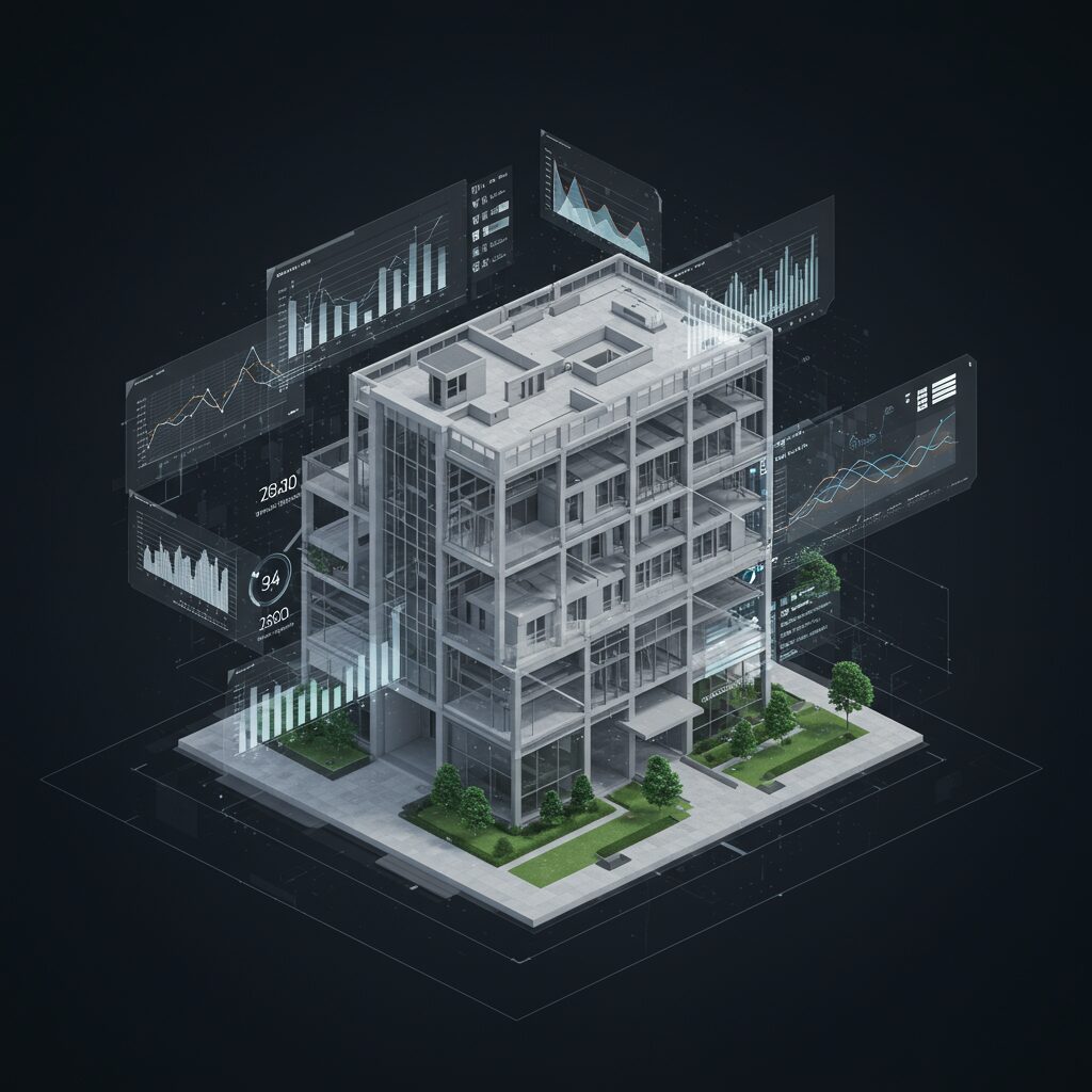 3D model of building with overlay of digital transparent screens with various metrics and graphs. 