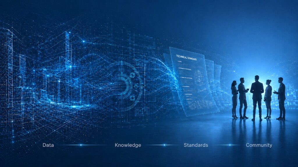 Decorative image for reality capture standards. A wide blue-toned conceptual graphic shows a left-to-right progression from data to community. On the left, an abstract laser-scan style point cloud and digital wireframe forms glow in bright blue. In the center, the point cloud transitions into blueprint-style linework and faint translucent pages labeled as a technical standard. On the right, five silhouetted professionals stand in conversation against a soft blue backlight. Along the bottom, the sequence is labeled “Data,” “Knowledge,” “Standards,” and “Community.”